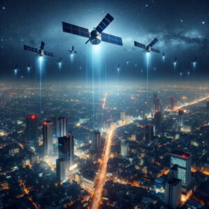 city at night with GPS satellites